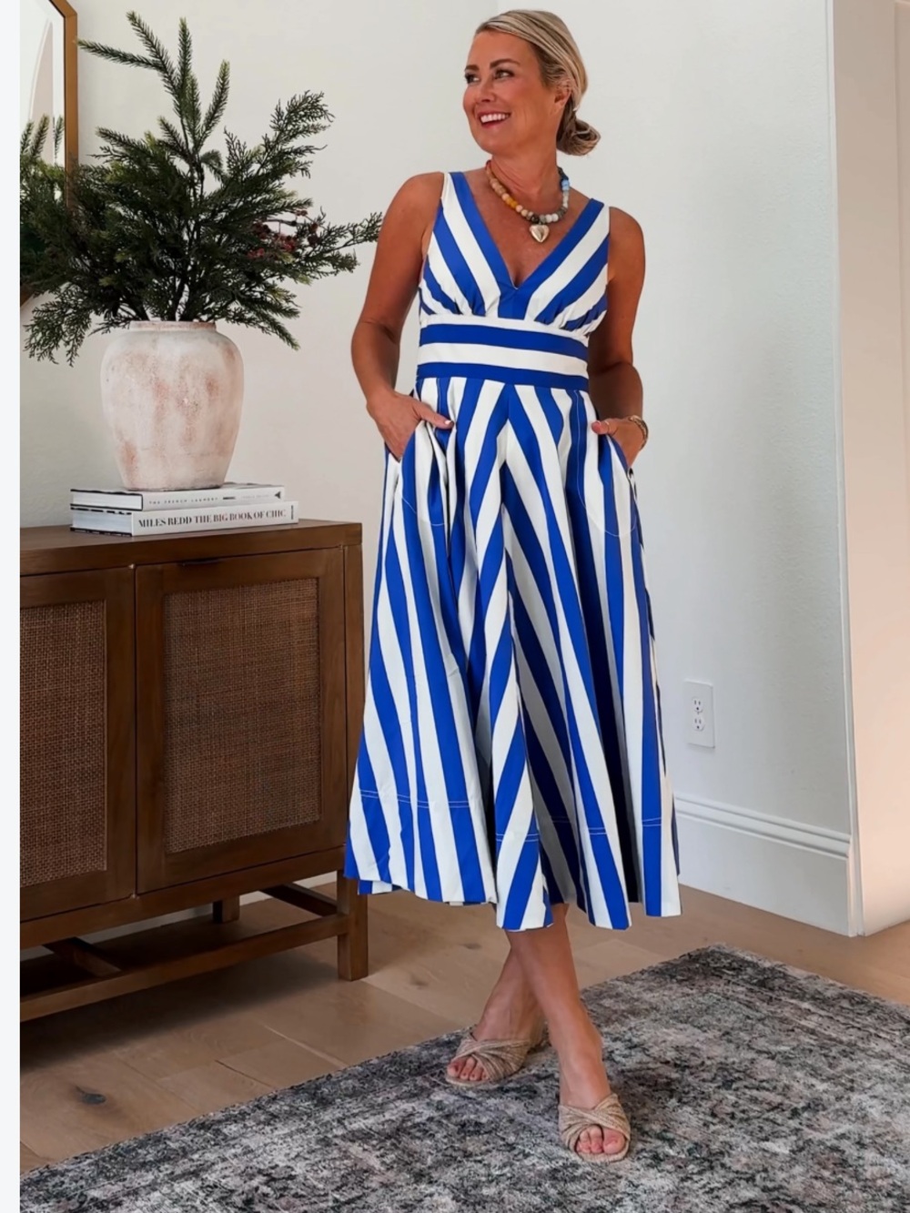 By Anthropologie V-Neck Sleeveless Blue/White Fit & Flare Midi Dress 1X XL